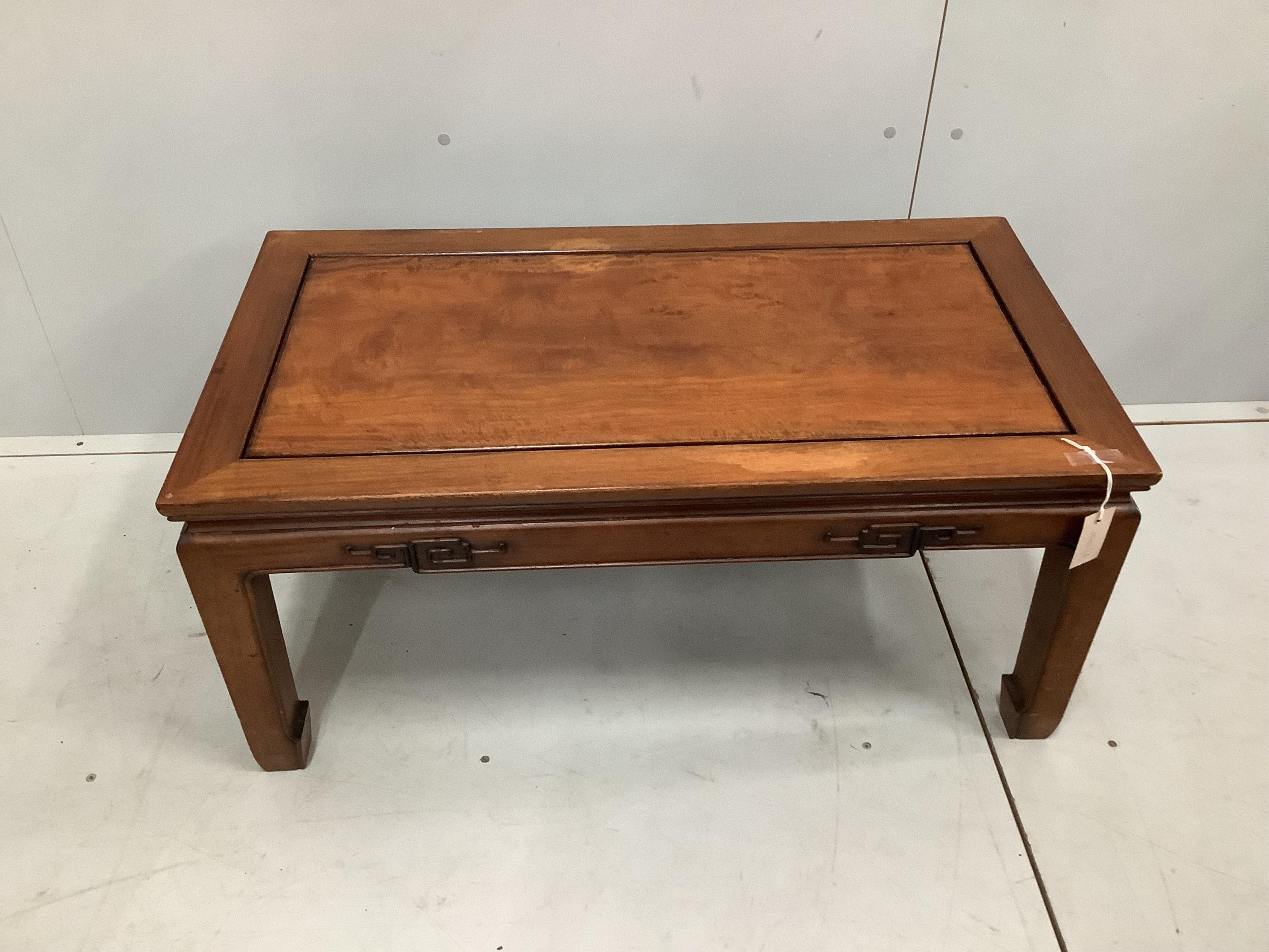 A Chinese rectangular hardwood coffee table, width 91cm, depth 50cm, height 41cm. Condition - fair